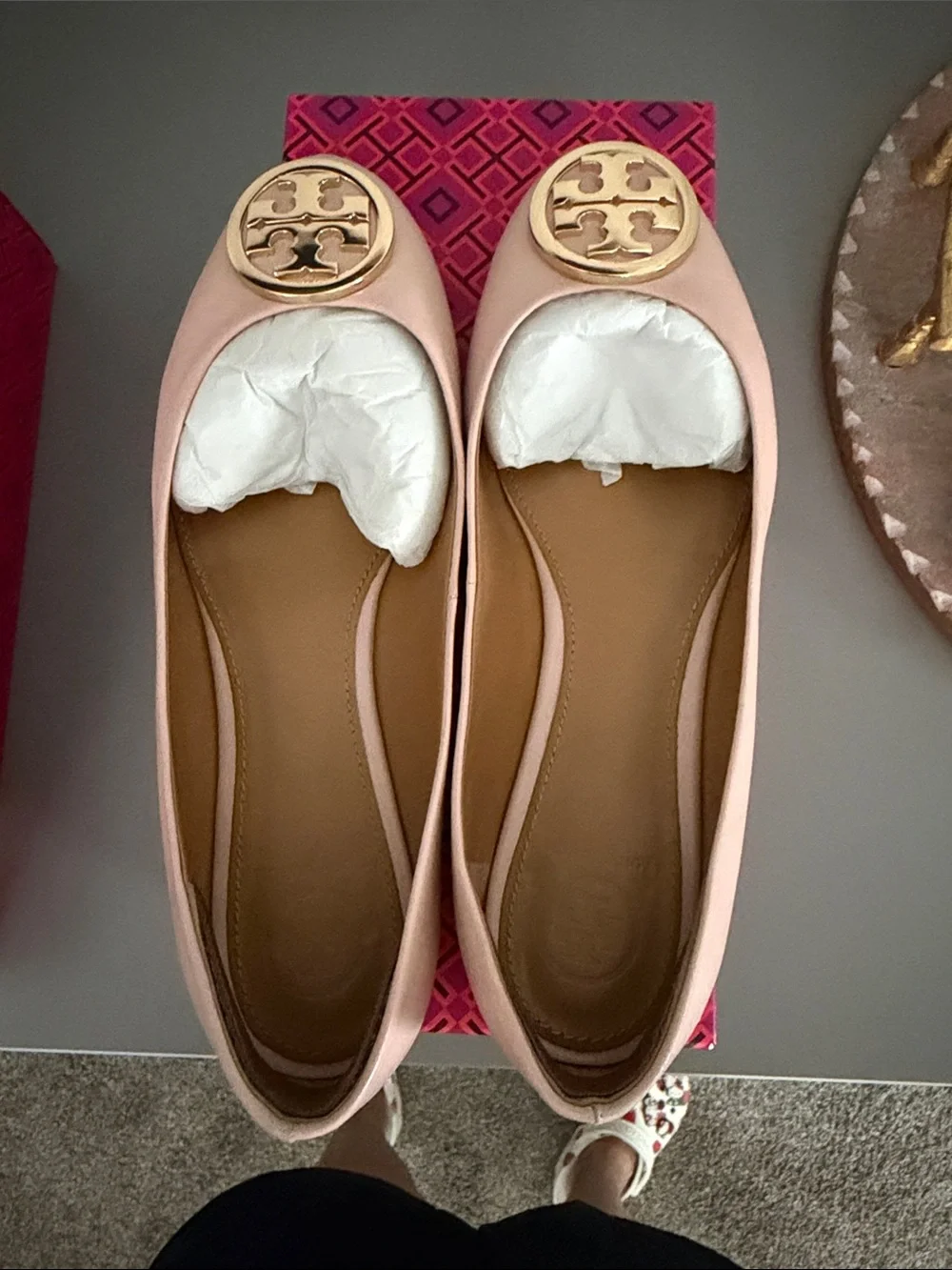 Tory Burch Blush Pink Size 7 Leather Logo Ballet Flats with Gold Medallion